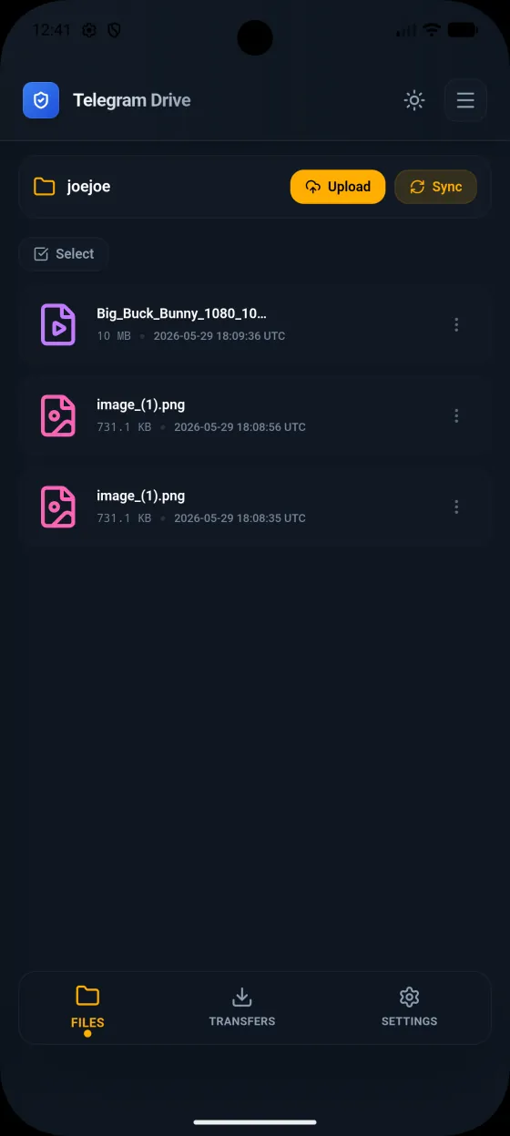 Telegram-Drive file workspace on Android