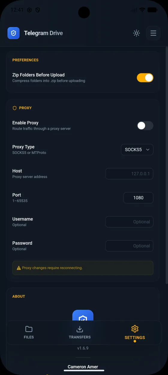 Telegram-Drive settings on Android