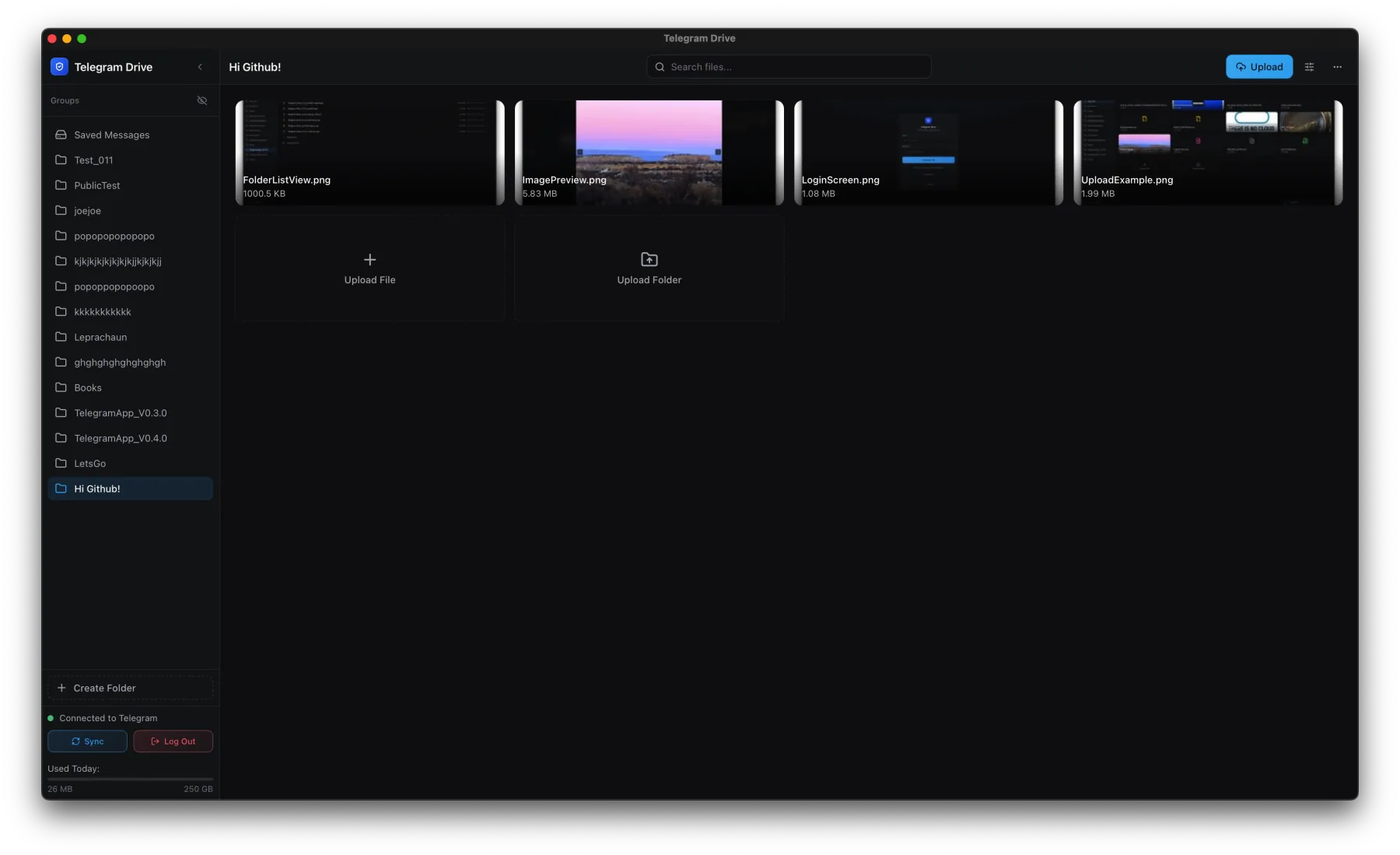 Telegram-Drive desktop workspace showing folders and files